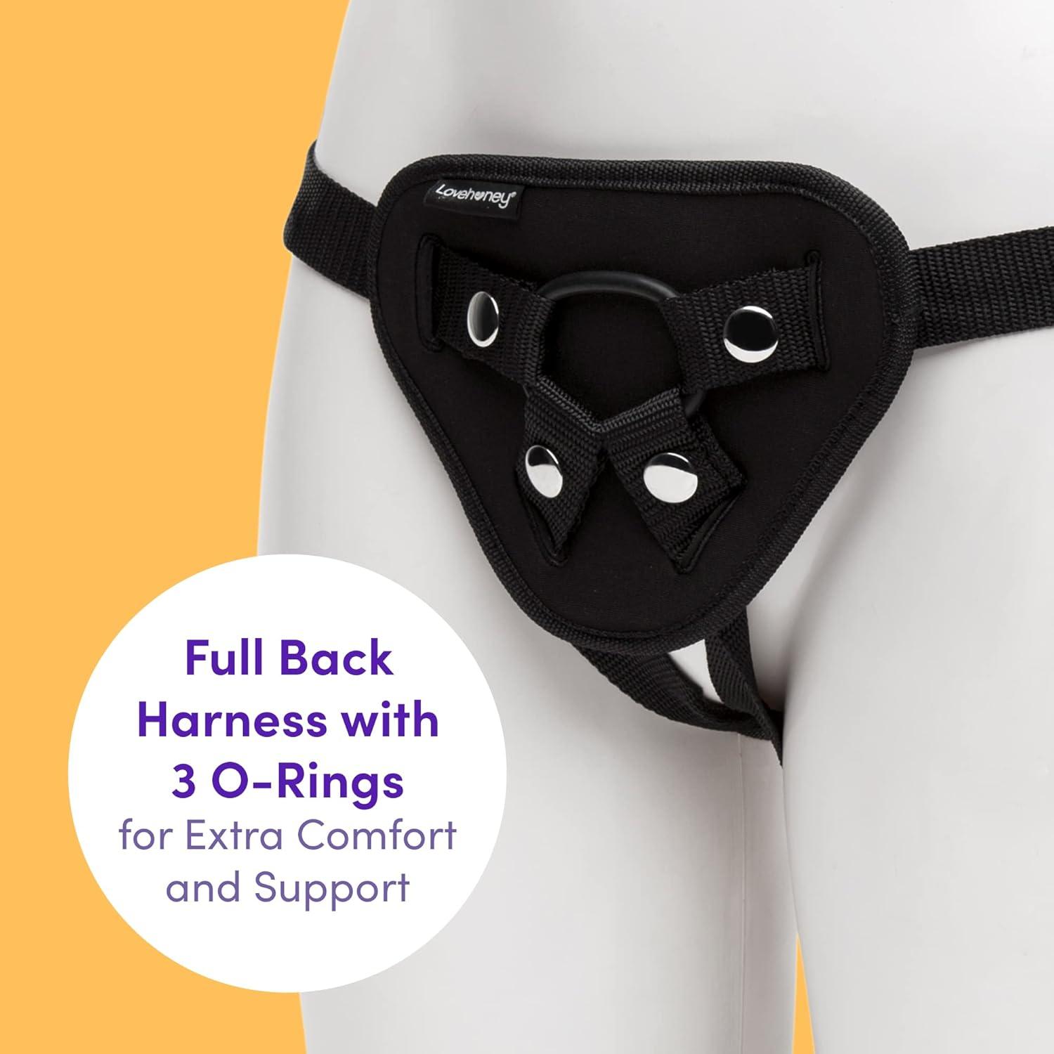 imageLovehoney Full Back Strap On Harness Adjustable Harness for Pegging Full Back Style Provides Extra Support Includes 3 ORings Pocket for Bullet Vibrator Machine Washable Black
