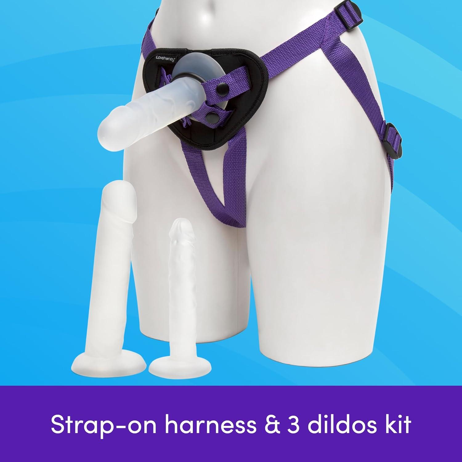 imageLovehoney Triple Strap On Dildo Harness Kit 3 Clear Strap On Dildos 6 8 Inch amp 6 Inch Slimline with Suction Cups Includes 3 ORings Adjustable Harness Couples Gift PurpleBlack