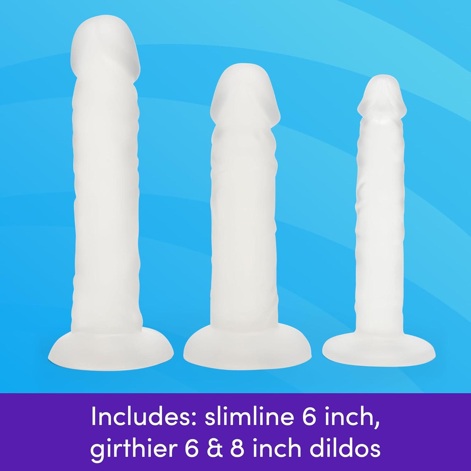 imageLovehoney Triple Strap On Dildo Harness Kit 3 Clear Strap On Dildos 6 8 Inch amp 6 Inch Slimline with Suction Cups Includes 3 ORings Adjustable Harness Couples Gift PurpleBlack