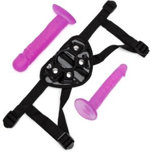 Lovehoney Strap On Dildo Harness Kit – 2 Realistic Strap On Dildos for Pegging – 6 Inch & 8 Inch with Flared Bases – Includes 3 O-Rings & Adjustable Harness – Waterproof – Purple