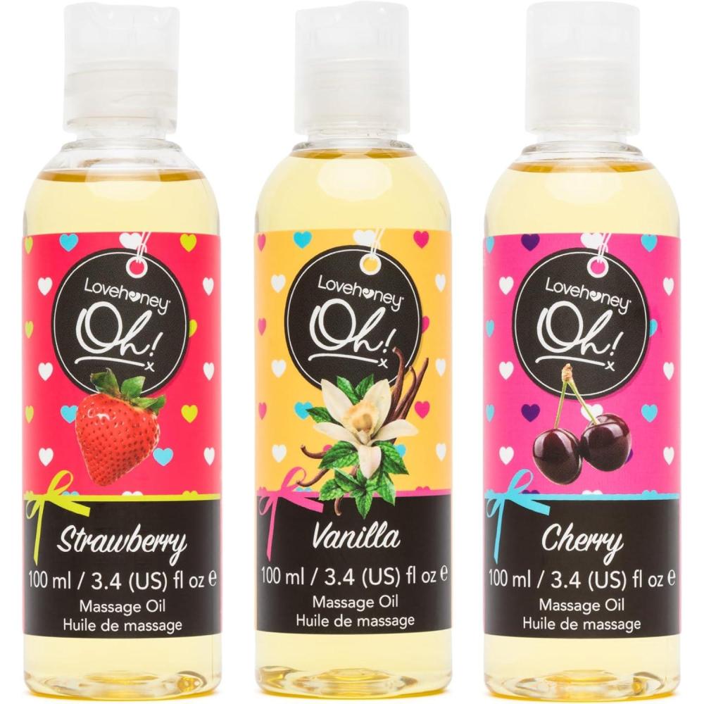 imageLovehoney Flavored Massage Oils 34 fl oz  Set of 3 Flavors  Cherry Vanilla amp Strawberry Massage Oil Relaxation Bundle