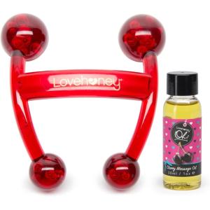Lovehoney Cherry Flavored Massage Oil 1 fl oz & Red Handheld Body Massager Tool | Relaxation Massage Bundle