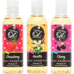 Lovehoney Flavored Massage Oils 3.4 fl oz | Set of 3 Flavors | Cherry, Vanilla & Strawberry Massage Oil Relaxation Bundle