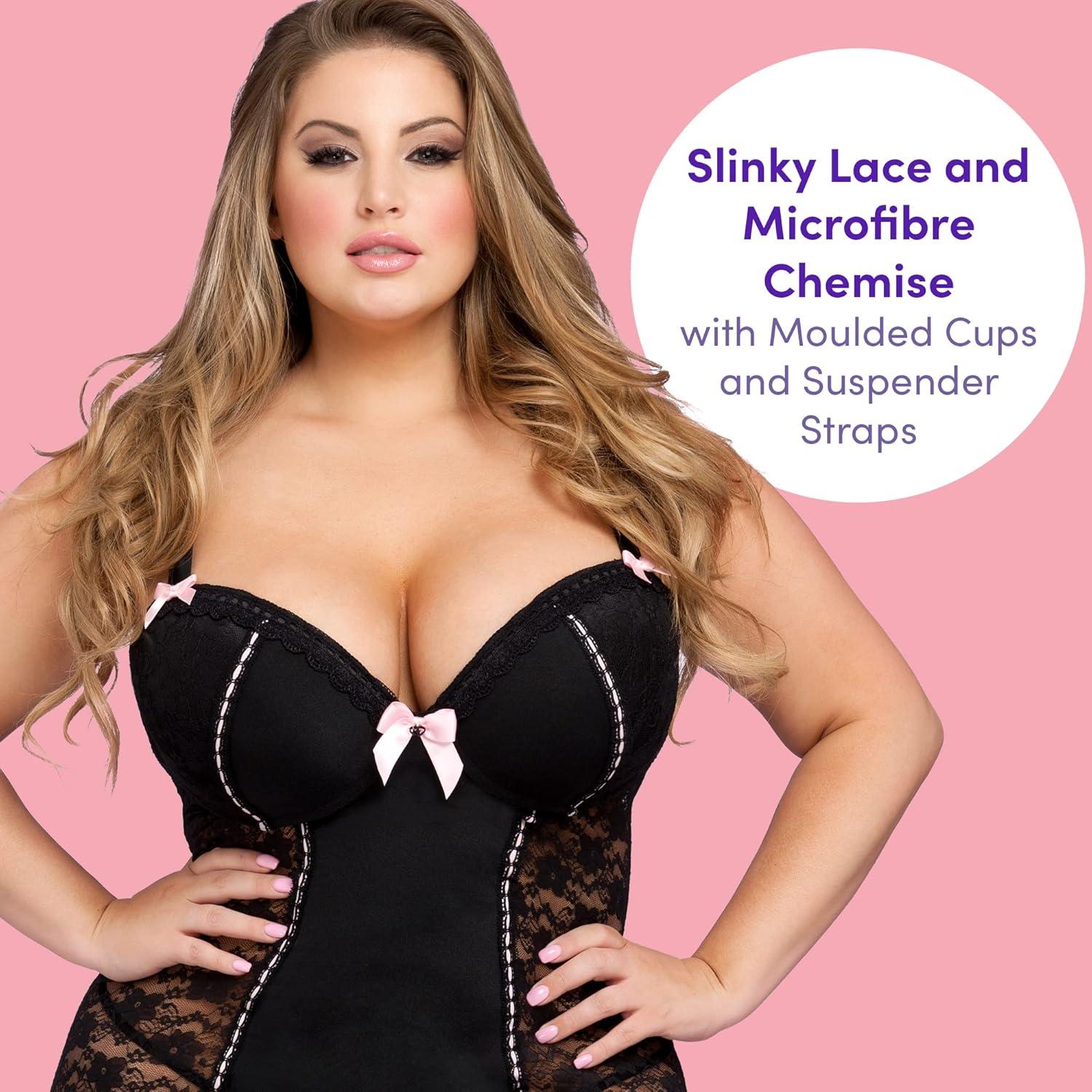imageLovehoney Lingerie Black amp Pink Lace Push Up Chemise Set amp GString Regular to Plus Size Plunge Cups amp Adjustable Straps