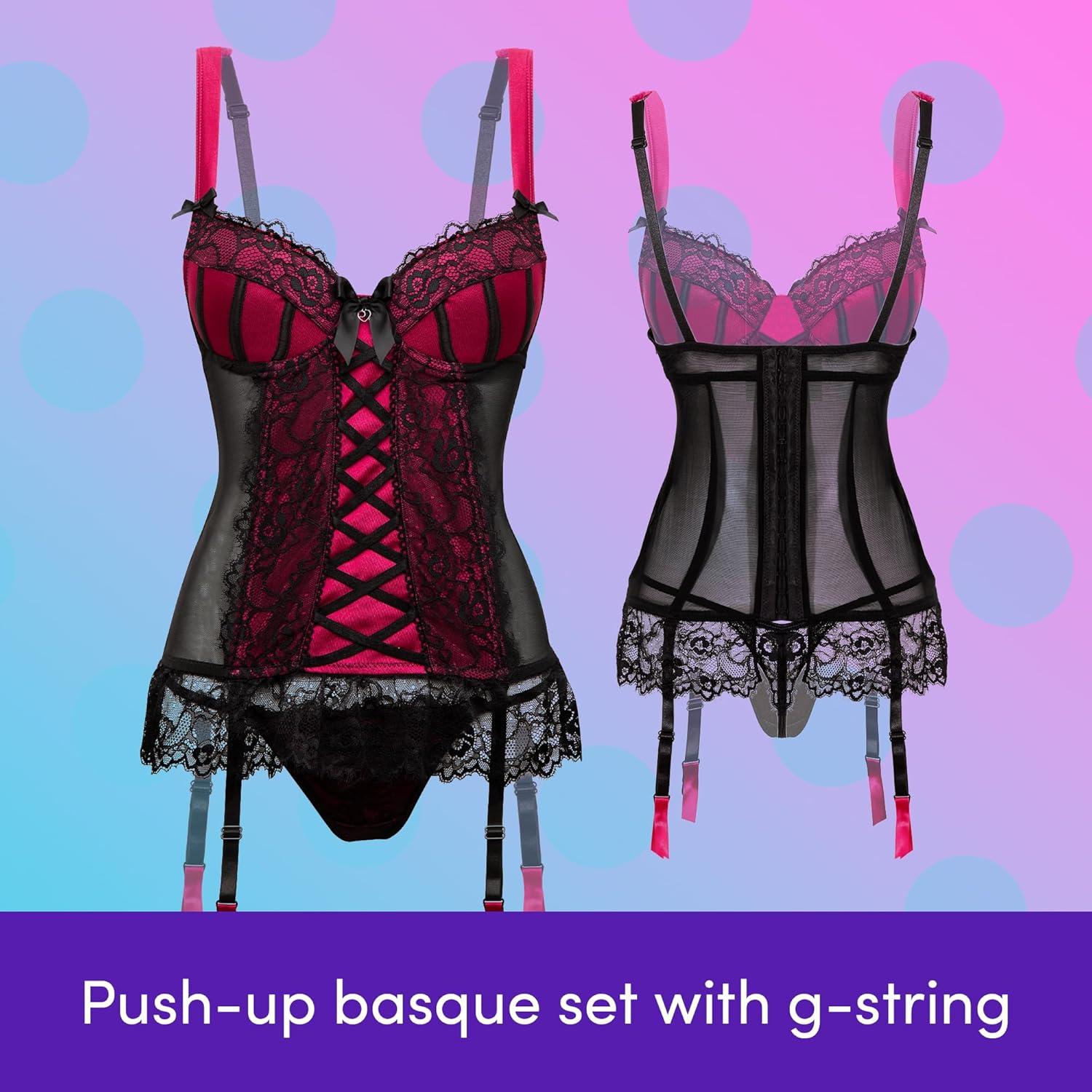 imageLovehoney Lingerie Boudoir Belle Satin Push Up Basque Set Regular to Plus Size 224 Underwired Cups amp Suspender StrapsCherry