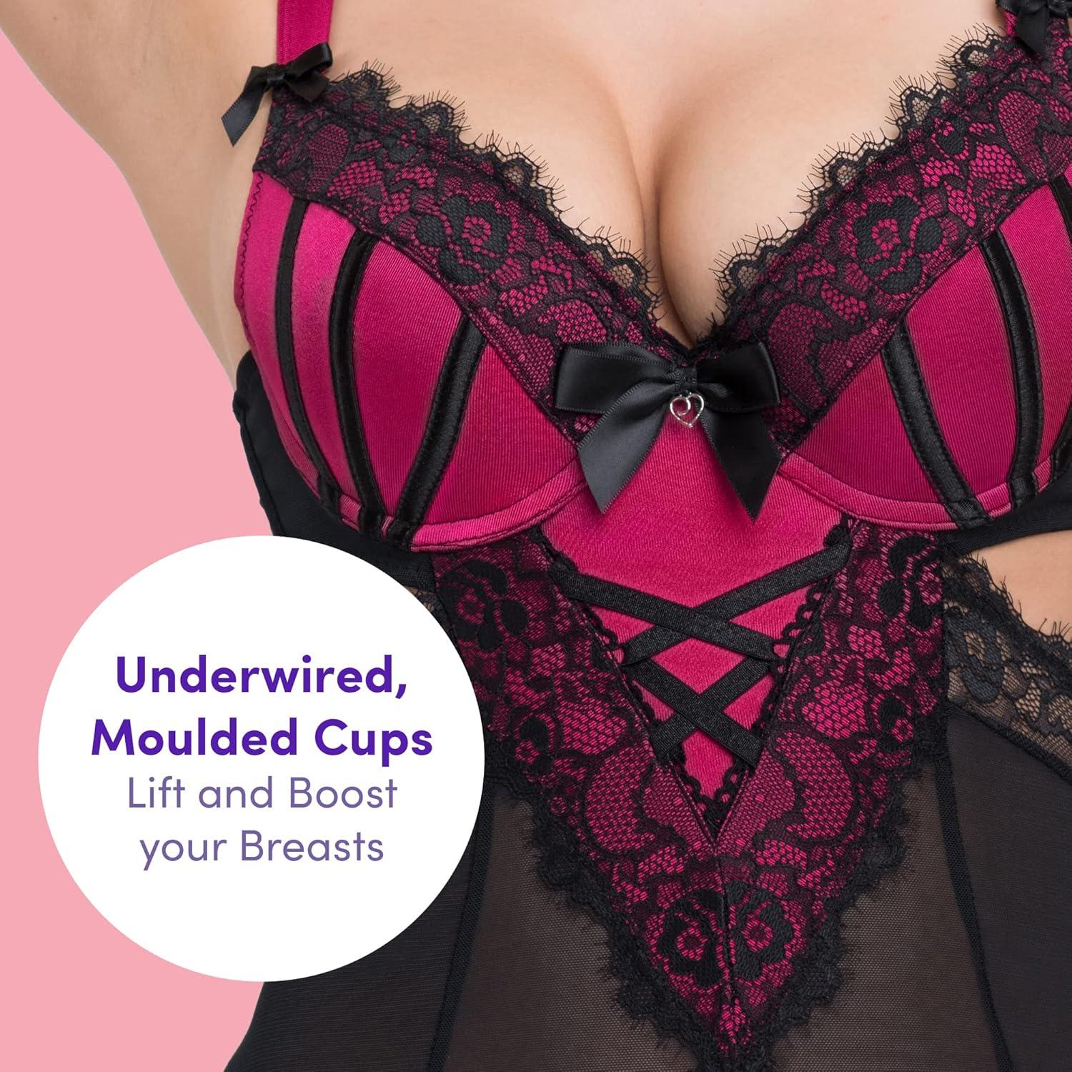 imageLovehoney Lingerie Boudoir Belle Satin amp Black Chemise and GString Set Underwired Push Up Cups Regular to Plus Size 220Black
