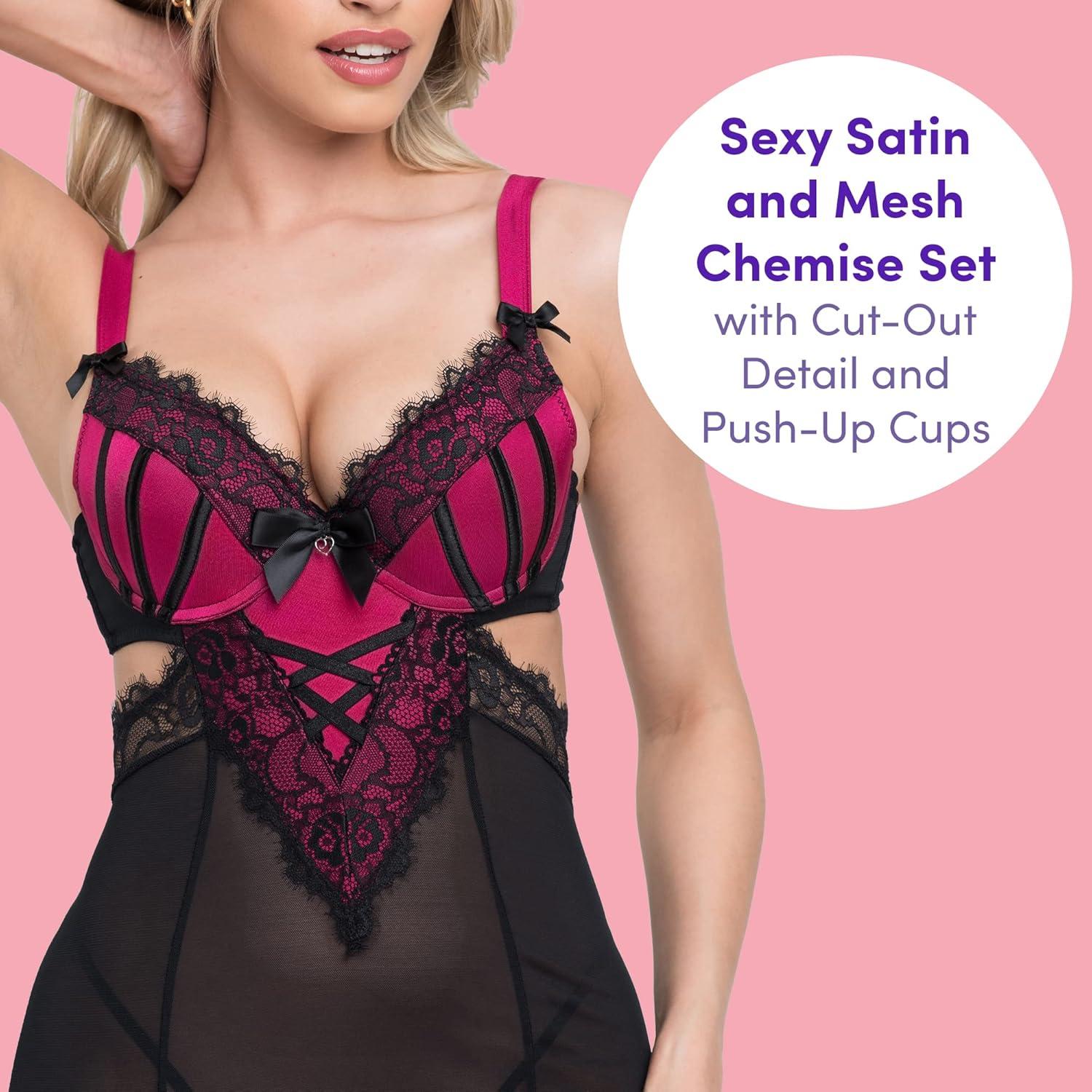 imageLovehoney Lingerie Boudoir Belle Satin amp Black Chemise and GString Set Underwired Push Up Cups Regular to Plus Size 220Black