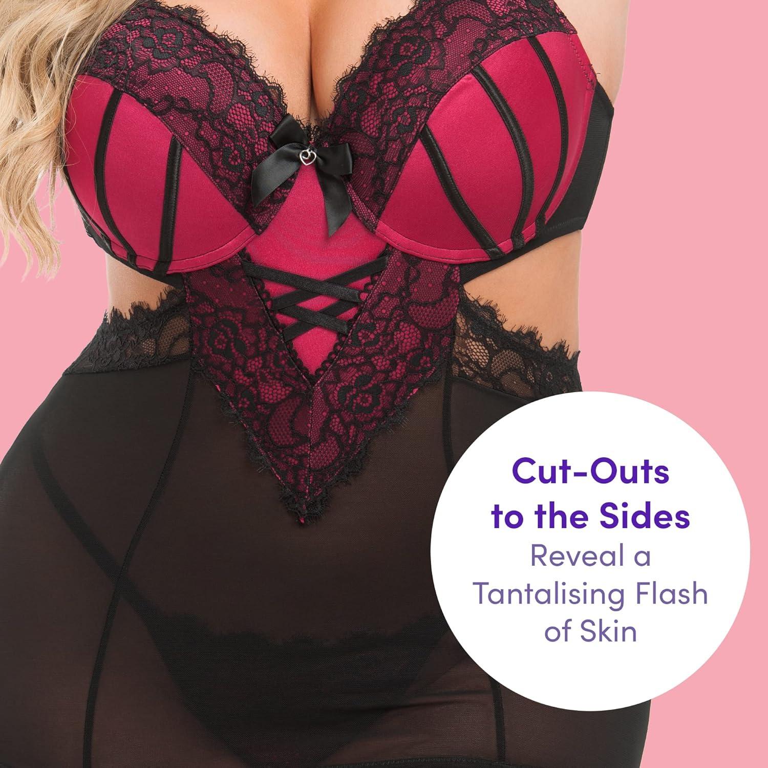 imageLovehoney Lingerie Boudoir Belle Satin amp Black Chemise and GString Set Underwired Push Up Cups Regular to Plus Size 220Cherry