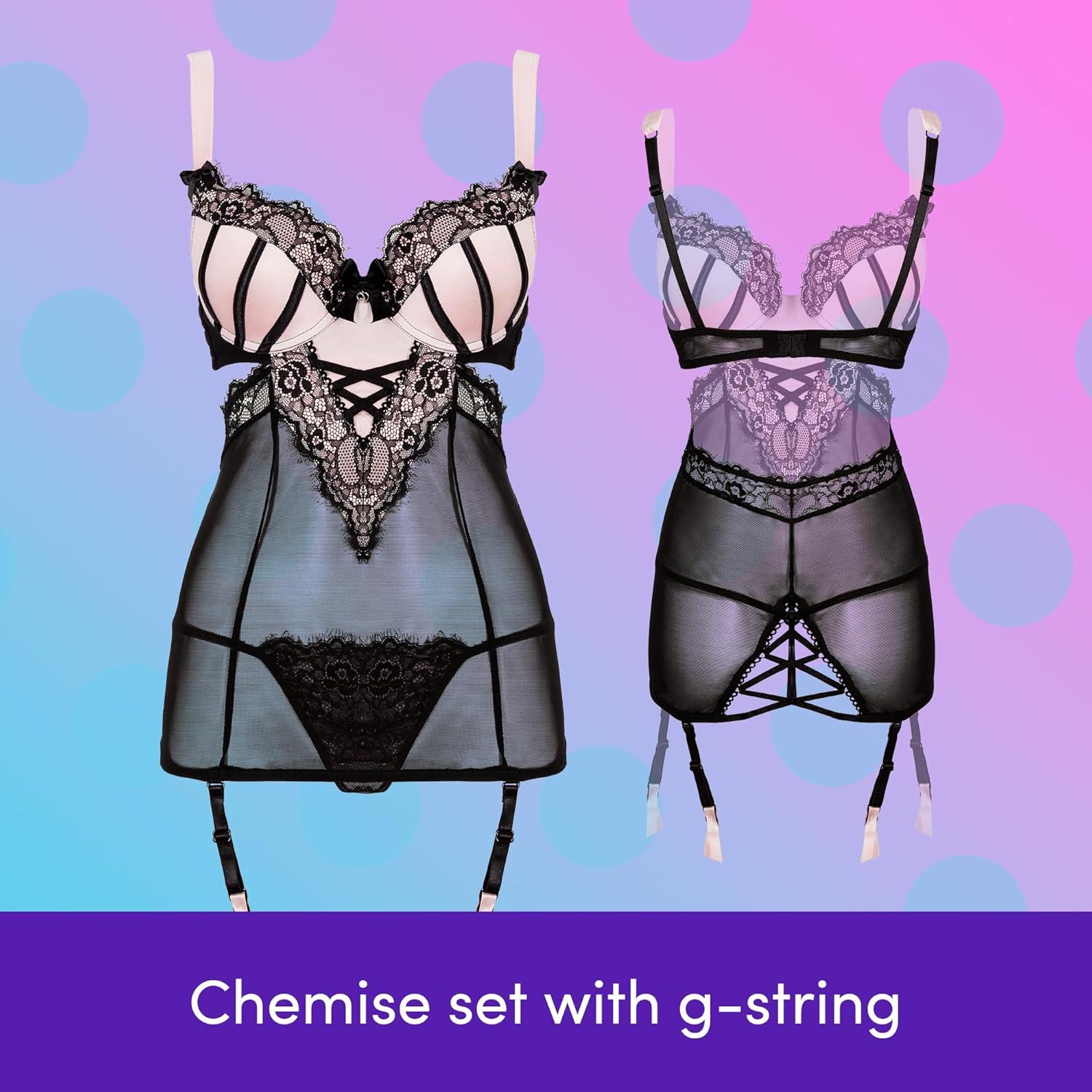 imageLovehoney Lingerie Boudoir Belle Satin amp Black Chemise and GString Set Underwired Push Up Cups Regular to Plus Size 220Pink