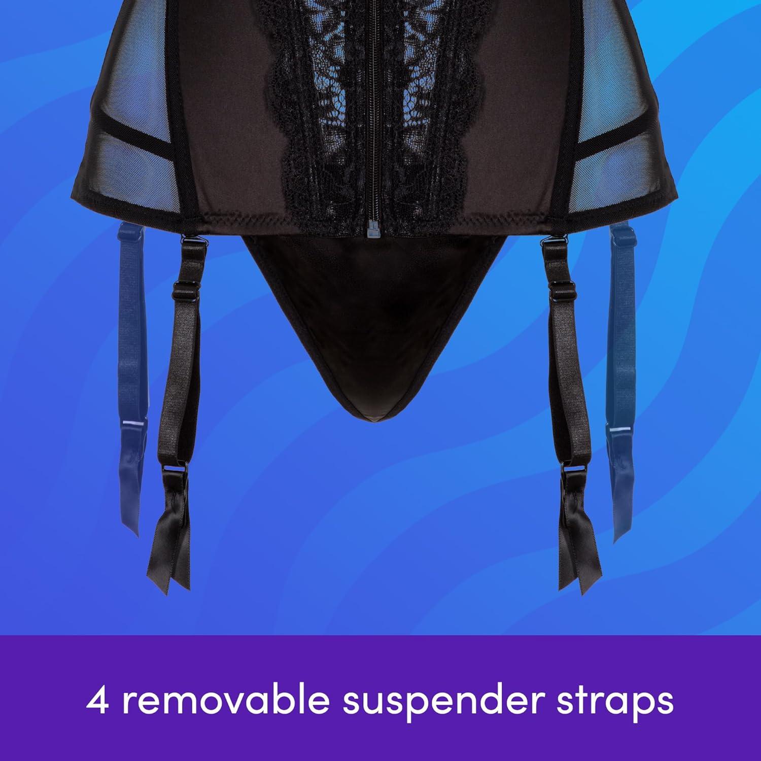 imageLovehoney Lingerie Treasure Me Regular to Plus Size Satin Push Up Basque amp GString Set Underwired Cups amp Suspender StrapsBlack
