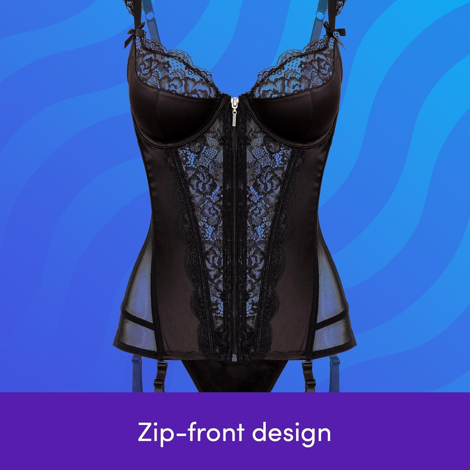 imageLovehoney Lingerie Treasure Me Regular to Plus Size Satin Push Up Basque amp GString Set Underwired Cups amp Suspender StrapsBlack
