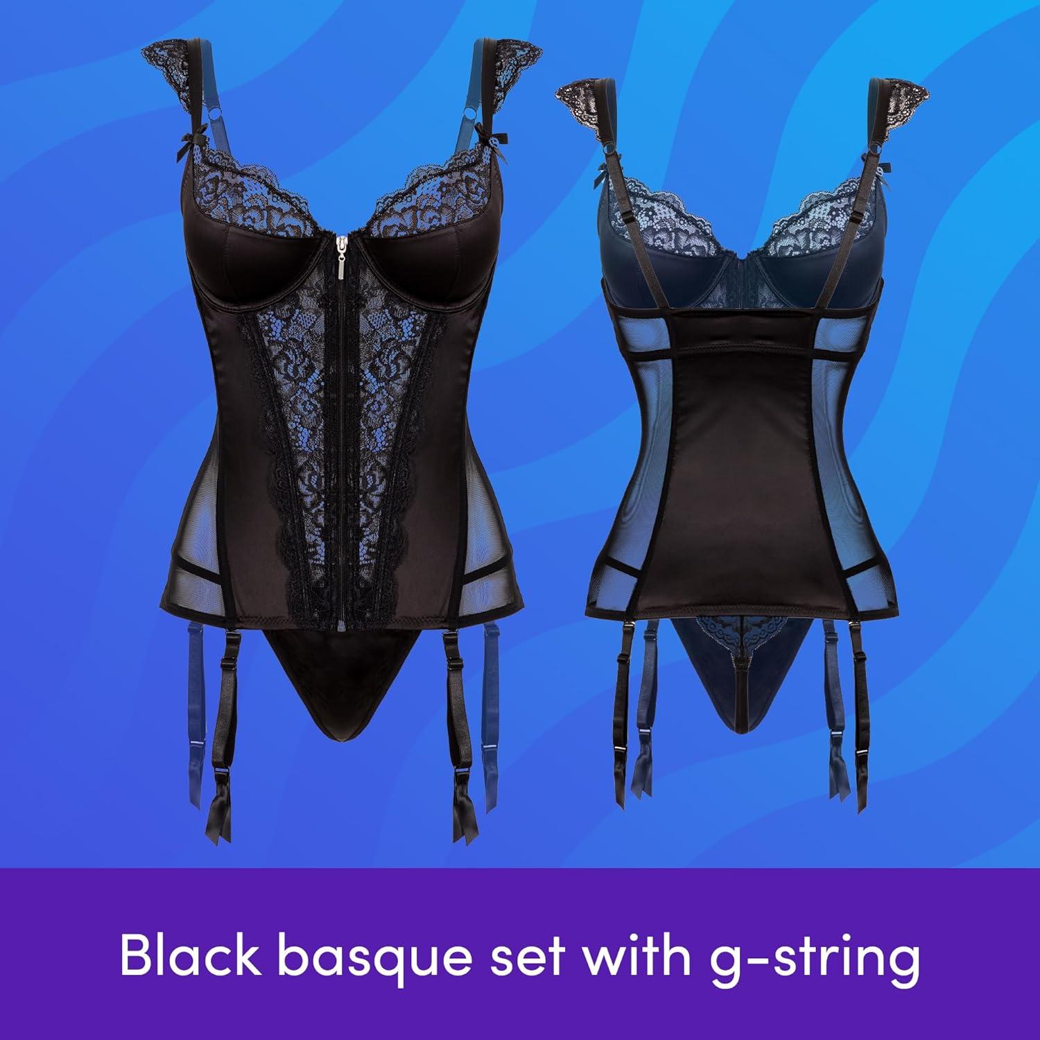 imageLovehoney Lingerie Treasure Me Regular to Plus Size Satin Push Up Basque amp GString Set Underwired Cups amp Suspender StrapsBlack