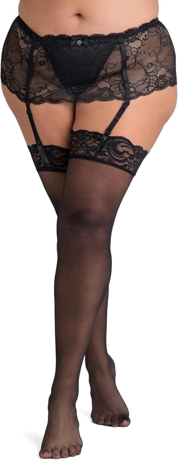 imageLovehoney Lingerie Womens Sheer Floral Lace Stockings Stretchy Nylon Thigh Highs Regular to Plus Sizes 418Black