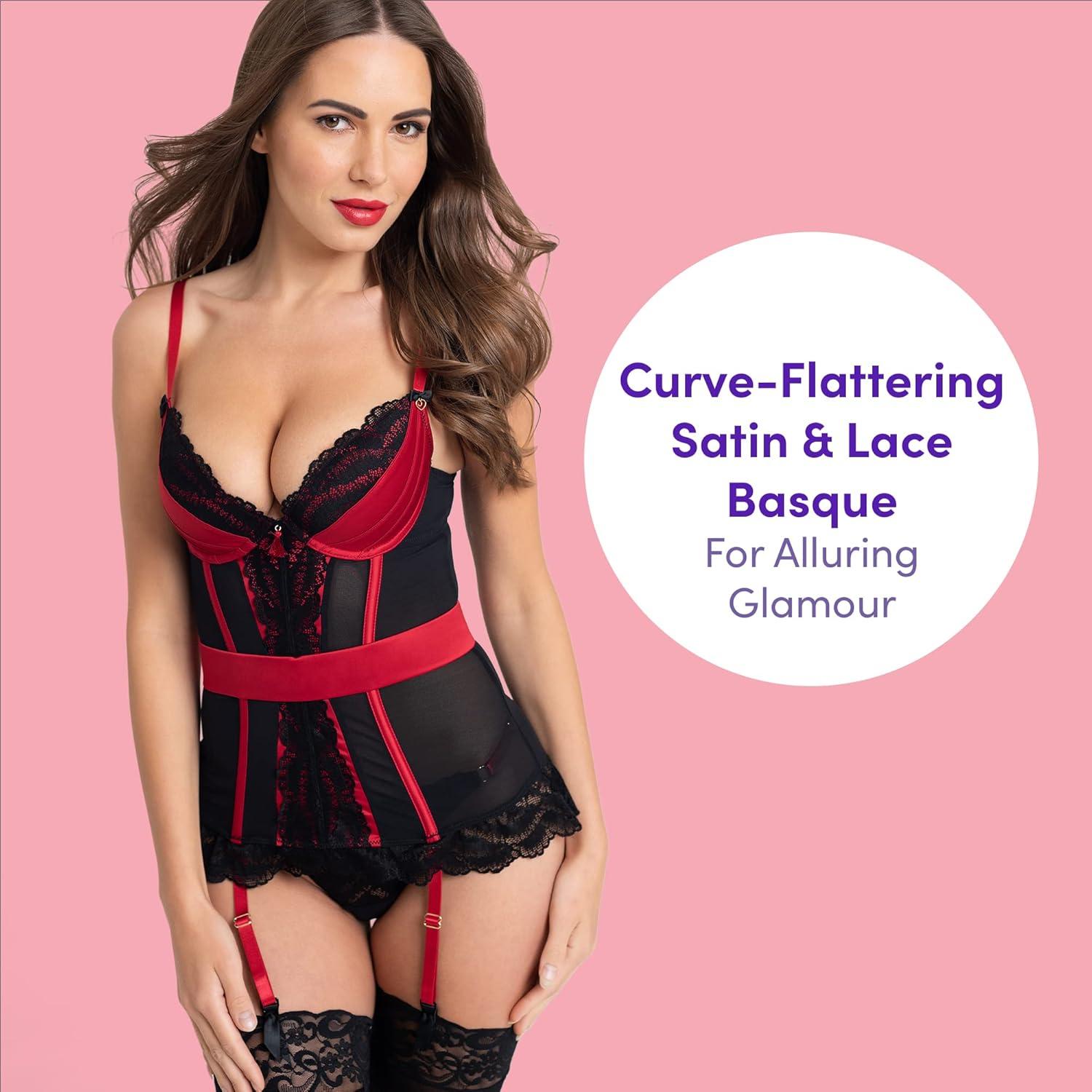 imageLovehoney Red Empress Satin and Lace Basque Sexy lingerie Set Underbust Corset Styled Bustier Top with G String amp Garter Straps Medium 68