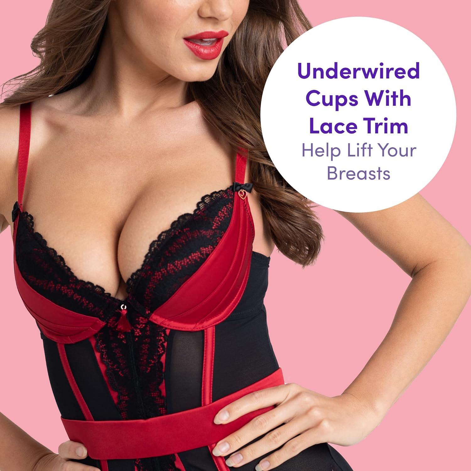 imageLovehoney Red Empress Satin and Lace Basque Sexy lingerie Set Underbust Corset Styled Bustier Top with G String amp Garter Straps Medium 68