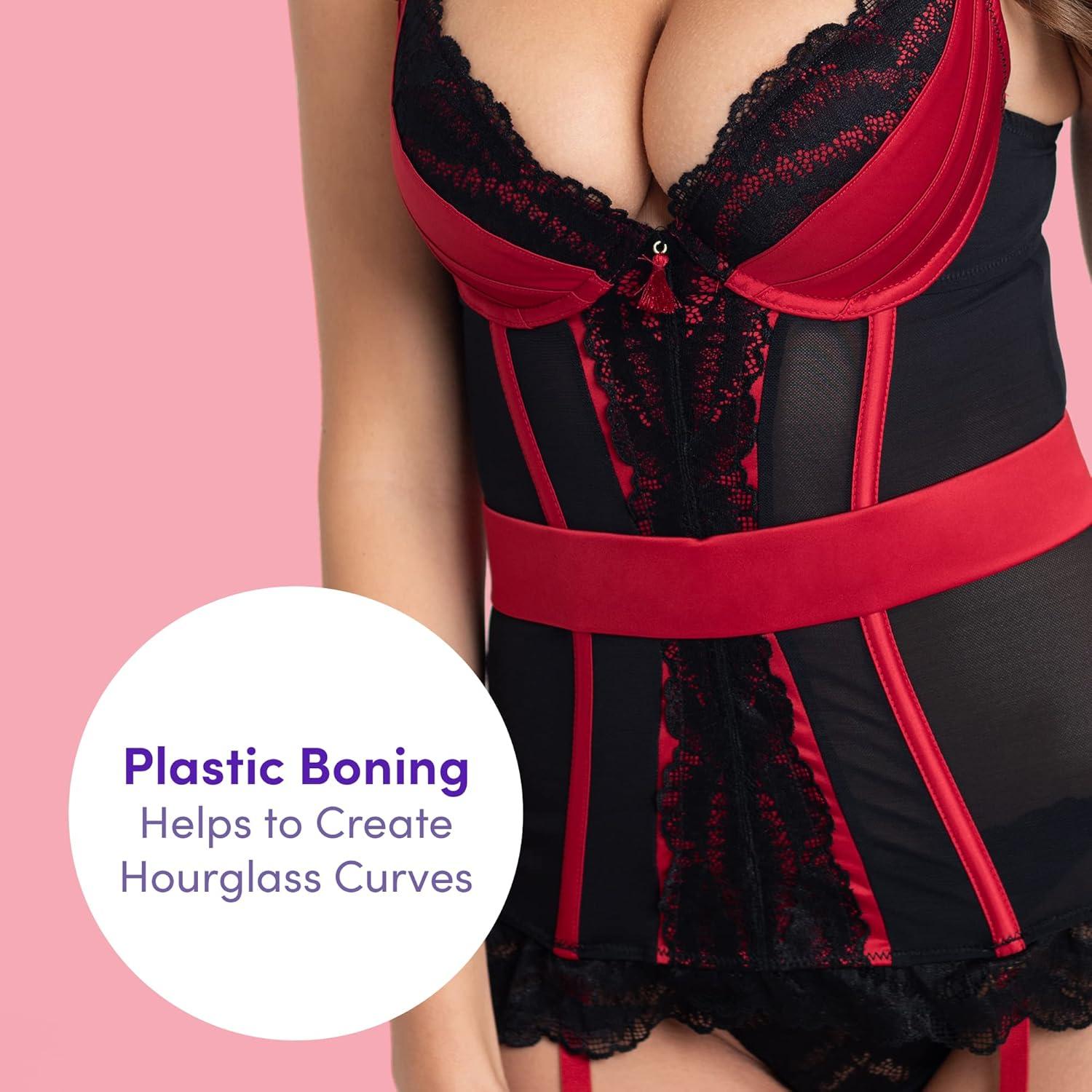 imageLovehoney Red Empress Satin and Lace Basque Sexy lingerie Set Underbust Corset Styled Bustier Top with G String amp Garter Straps Medium 68