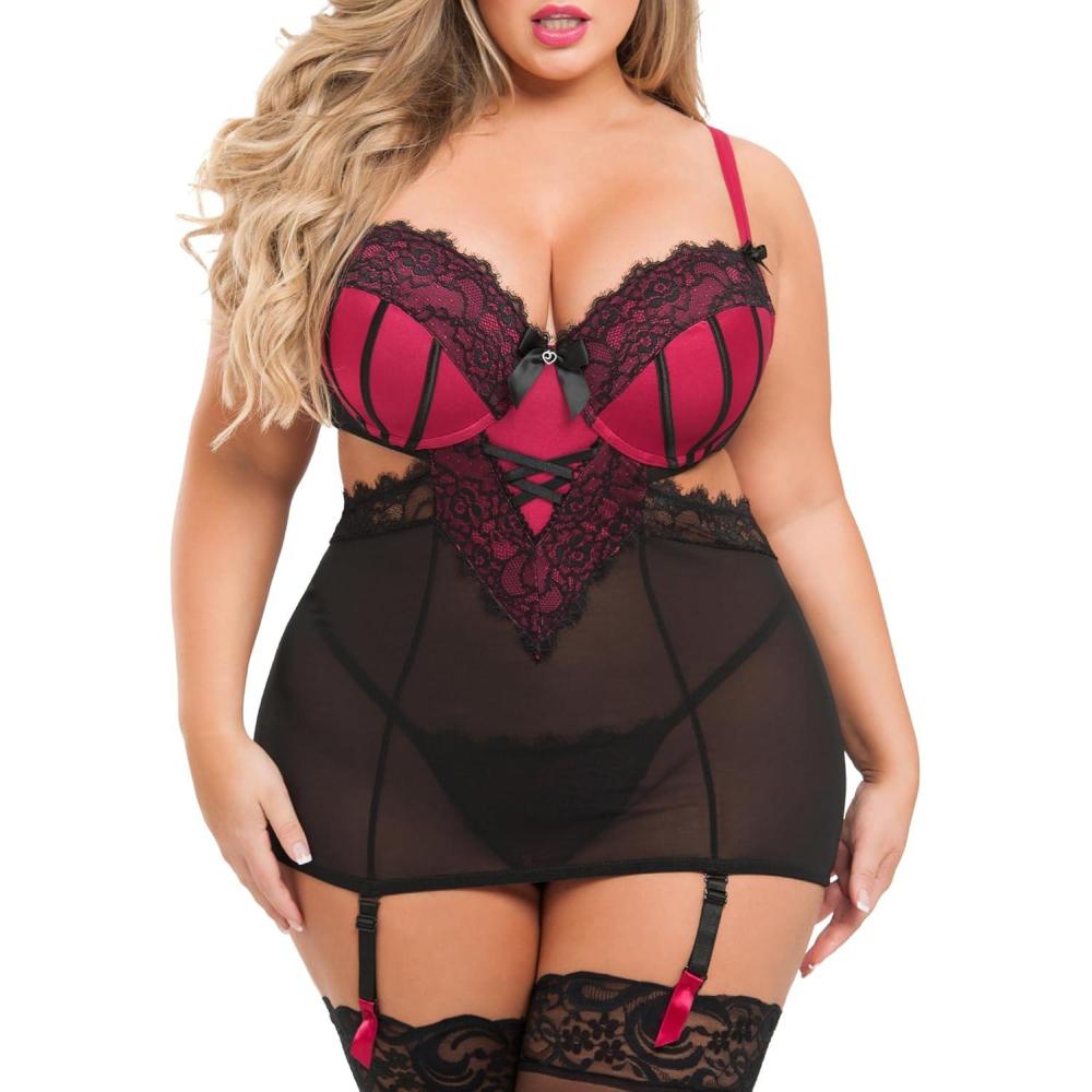 imageLovehoney Lingerie Boudoir Belle Satin amp Black Chemise and GString Set Underwired Push Up Cups Regular to Plus Size 220Cherry