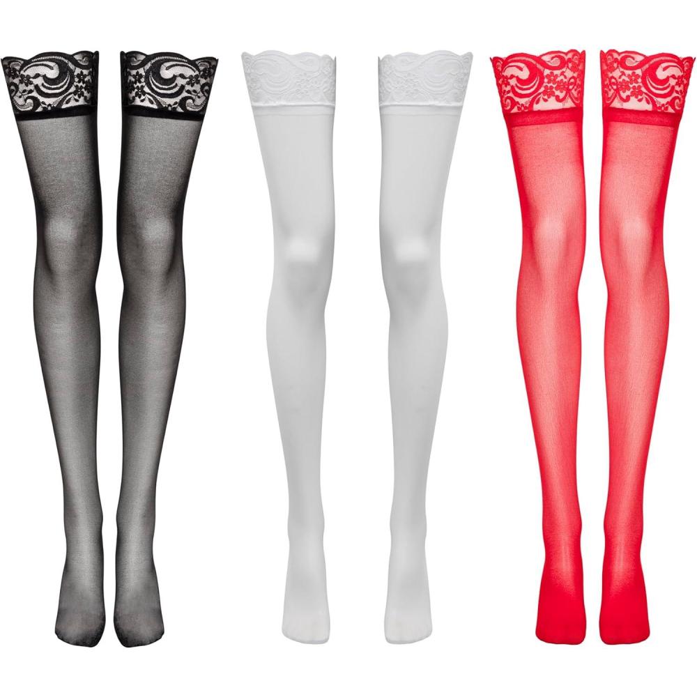 imageLovehoney Lingerie Womens Stocking Plus Size Bundle  Red Black amp White 1418 Thigh High Nylon Stockings