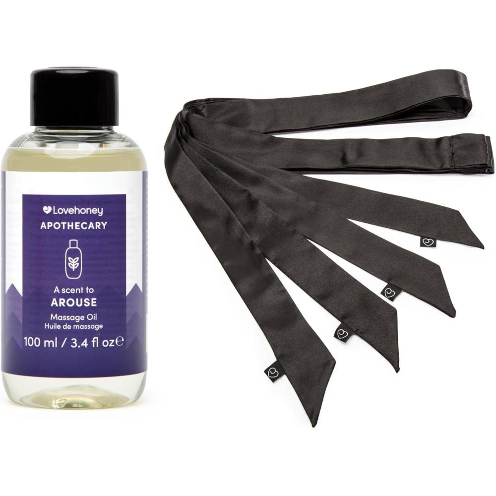 imageLovehoney Apothecary Rose Jasmine amp Cedarwood Massage Oil 34 fl oz amp Pack of 4 Silky Restraints for BDSM Play  Couples Sex Games Bundle