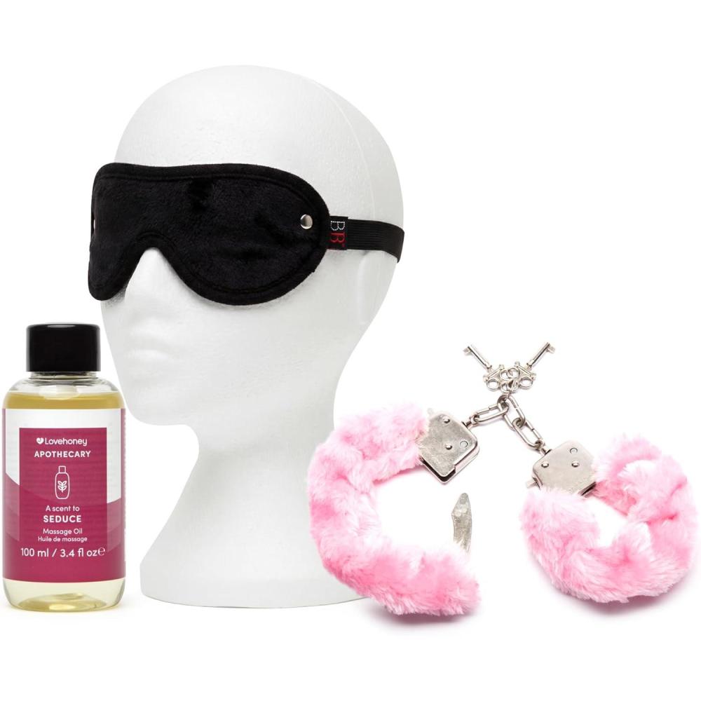 imageLovehoney Apothecary Vanilla Jasmine amp Amber Massage Oil 34 fl oz Pink Fluffy Metal Handcuffs amp Black Soft Blindfold Couples Bondage Sex Games Bundle
