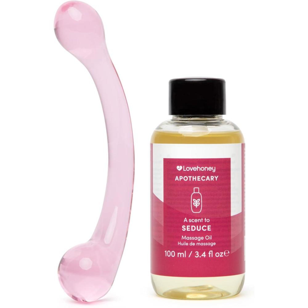 imageLovehoney Apothecary Vanilla Jasmine amp Amber Massage Oil 34 fl oz amp Pink Glass Double Ended Dildo Couples Sex Toy Bundle