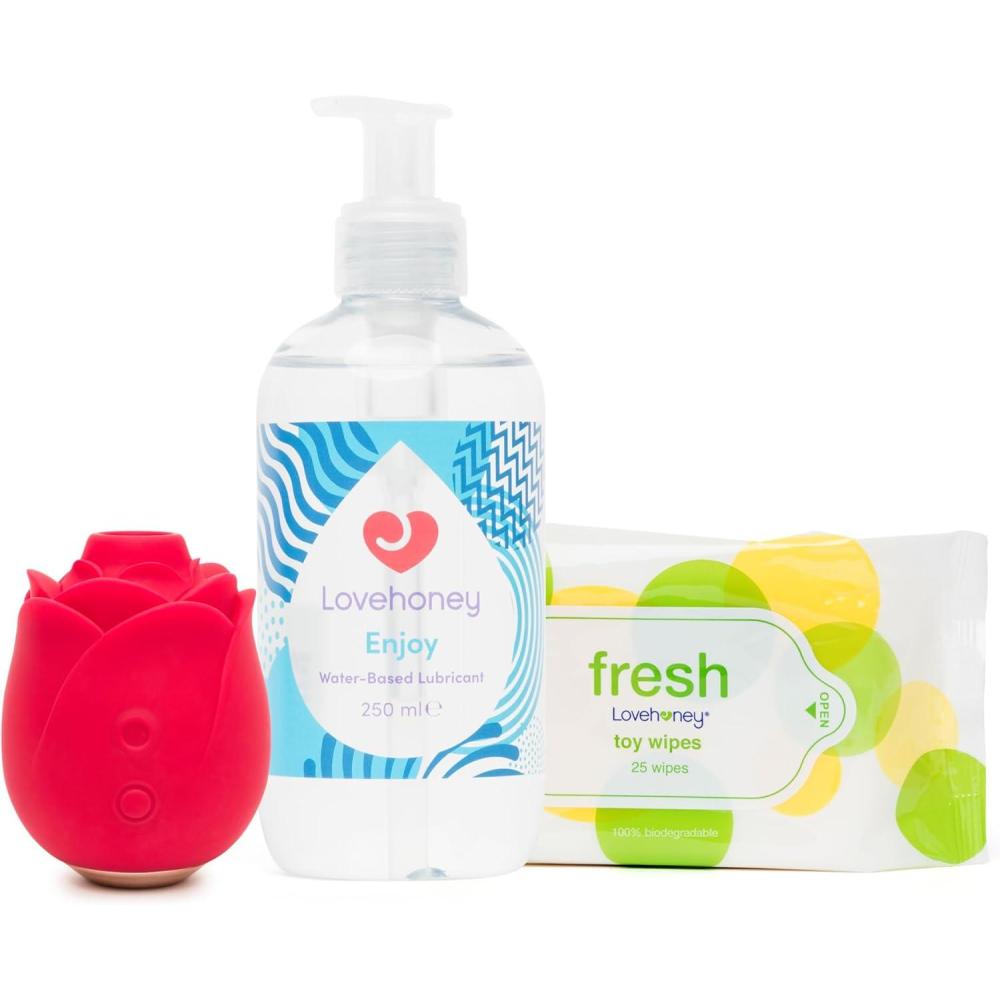 imageLovehoney Rose Toy Clit Sucker Fresh Sex Toy Wipes Pack of 25 amp Enjoy Water Based Lubricant 85 fl oz Womens Sex Toy Bundle