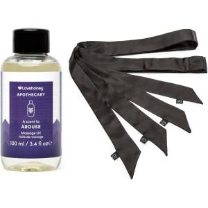 Lovehoney Apothecary Rose, Jasmine & Cedarwood Massage Oil 3.4 fl oz & Pack of 4 Silky Restraints for BDSM Play | Couples Sex Games Bundle