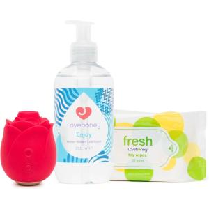 Lovehoney Rose Toy Clit Sucker, Fresh Sex Toy Wipes Pack of 25 & Enjoy Water Based Lubricant 8.5 fl oz | Womens Sex Toy Bundle