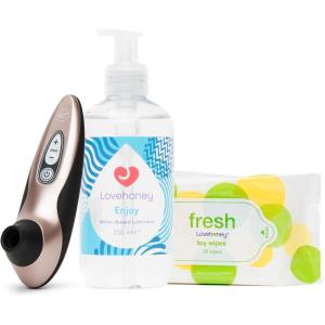 Womanizer Pro40 Rose Gold Pleasure Air Clitoris Sucker, Lovehoney Enjoy Water Based Lube 8.5 fl oz & Pack of 25 Fresh Sex Toy Wipes | Womens Sex Toys Bundle