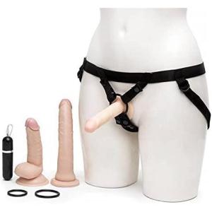 Lovehoney Lifelike Lover Strap On Dildo Kit – Includes 6 Inch Vibrating Dildo – 8 Inch Realistic – 6 in Slimline Anal Massager – 3 O-Rings & Adjustable Harness – Flesh Pink