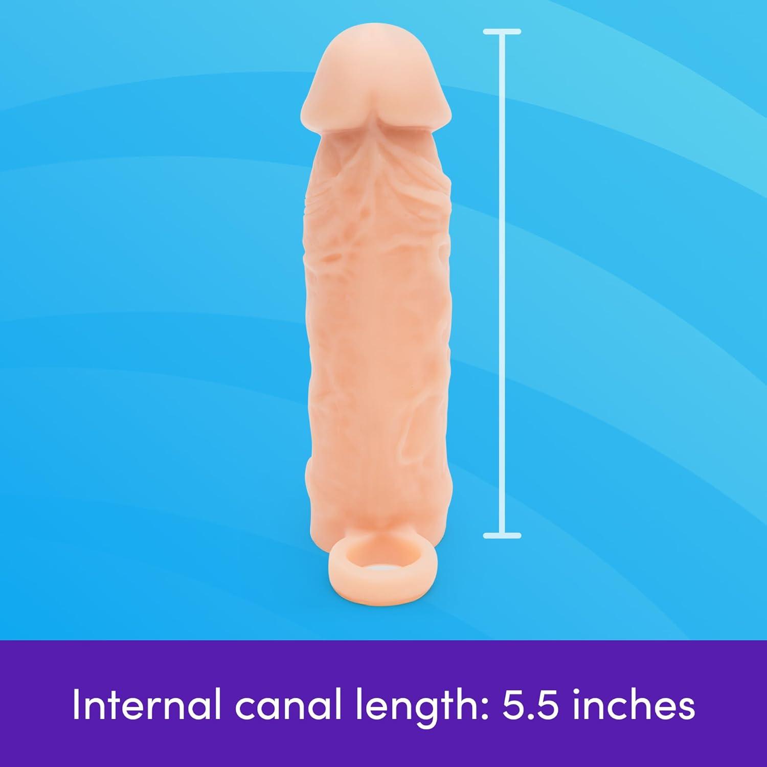 imageLovehoney Mega Mighty Realistic Penis Sleeve Penis Extender with Cock Ring Adult Toys Male Sex Toy Adds 1 Extra Inch Cock Sleeve Enhancer for Men Silicone Dildo for Couples ClearFlesh Pink