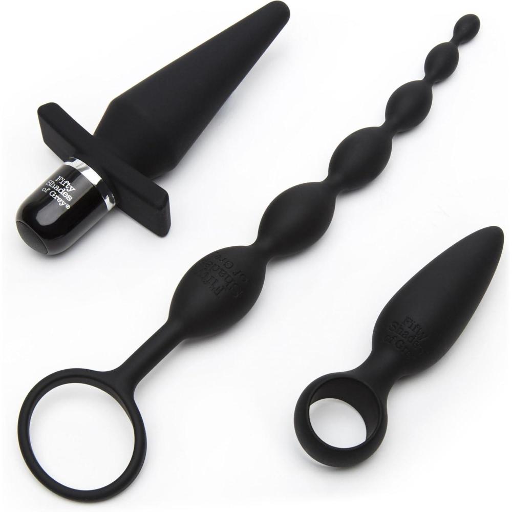 imageFifty Shades of Grey 4 Piece Anal Toys Starter Kit with Silicone Butt Plug Vibrating Butt Plug Anal Beads amp Douche Waterproof Black