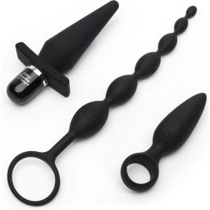 Fifty Shades of Grey 4 Piece Anal Toys Starter Kit – with Silicone Butt Plug, Vibrating Butt Plug, Anal Beads & Douche – Waterproof – Black