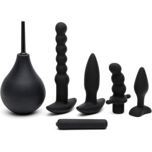 Lovehoney Bumper Booty Anal Toys Kit – 2 Butt Plugs, Anal Beads, Prostate Massager & Douche – Removable Bullet Vibrator Included – Silicone 6 Piece Adult Sex Toy Kit for Couples – Black