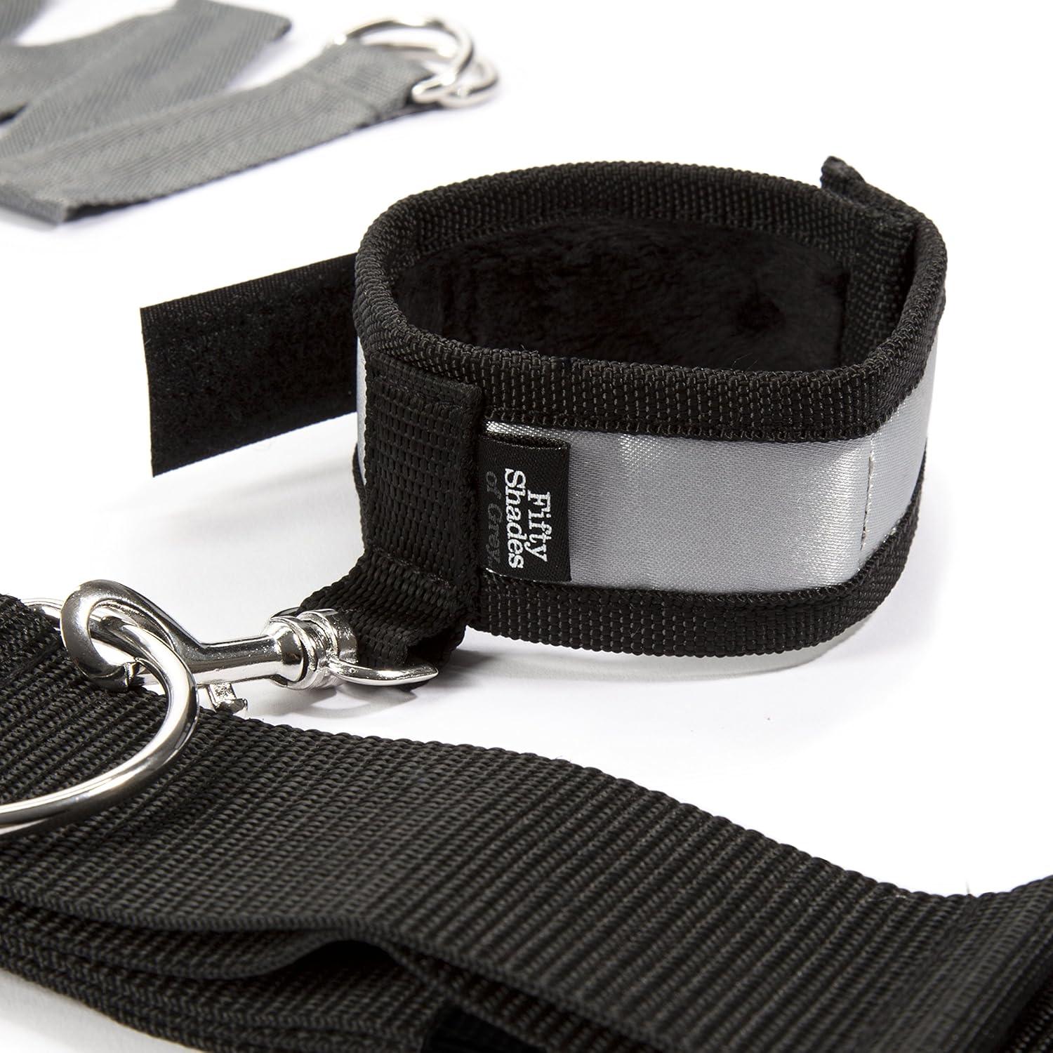 imageFifty Shades of Grey Keep Still Restraint Kit Over The Bed Cross Restraint Set Faux Fur Lined Detachable Cuffs Includes Blindfold amp Door Hanger 80 Inch Adjustable BlackGrey