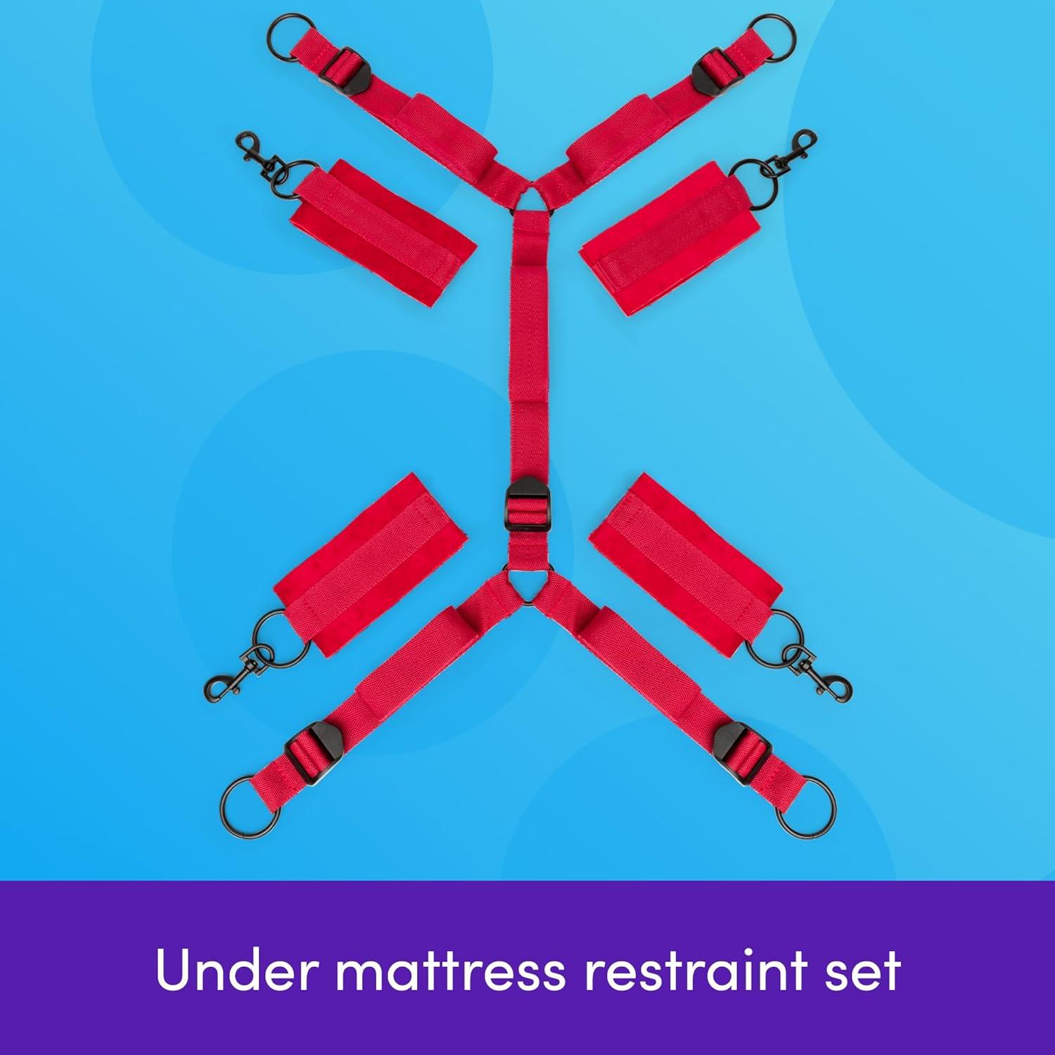imageLovehoney Bondage Boutique Bound to Please Red Under the Bed Restraint Kit Adjustable Bed Straps with 4 Velcro Cuffs Full Body BDSM Bondage Restraints for Couples Submission Play amp Erotic Roleplay