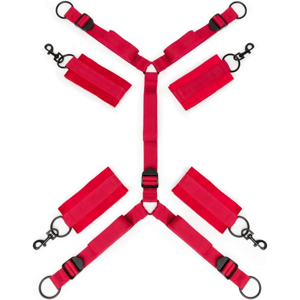 imageLovehoney Bondage Boutique Bound to Please Red Under the Bed Restraint Kit Adjustable Bed Straps with 4 Velcro Cuffs Full Body BDSM Bondage Restraints for Couples Submission Play amp Erotic Roleplay