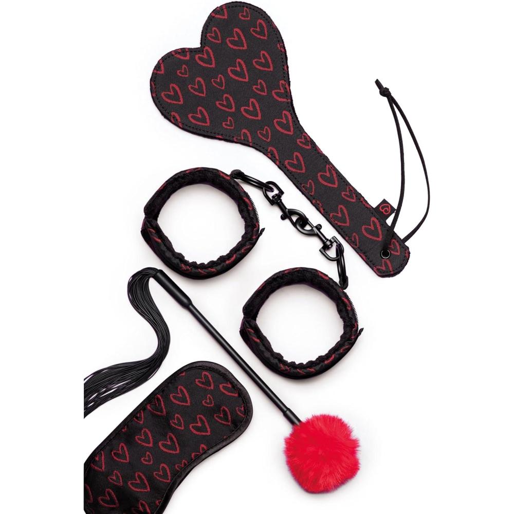 imageLovehoney Heart Print Bondage Kit 4 Piece BDSM Kit Couples Sex Toys Blindfold Handcuffs Spanking Paddle amp DoubleEnded Ticker amp Flogger Teasing Date Night Sex Toys for Women Men amp Couples