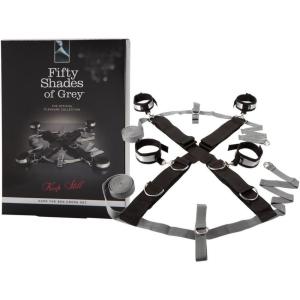 Fifty Shades of Grey Keep Still Restraint Kit – Over The Bed Cross Restraint Set – Faux Fur Lined Detachable Cuffs – Includes Blindfold & Door Hanger – 80 Inch Adjustable – Black/Grey
