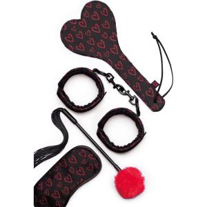Lovehoney Heart Print Bondage Kit | 4 Piece BDSM Kit Couples Sex Toys | Blindfold, Handcuffs, Spanking Paddle & Double-Ended Ticker & Flogger | Teasing Date Night Sex Toys for Women, Men & Couples