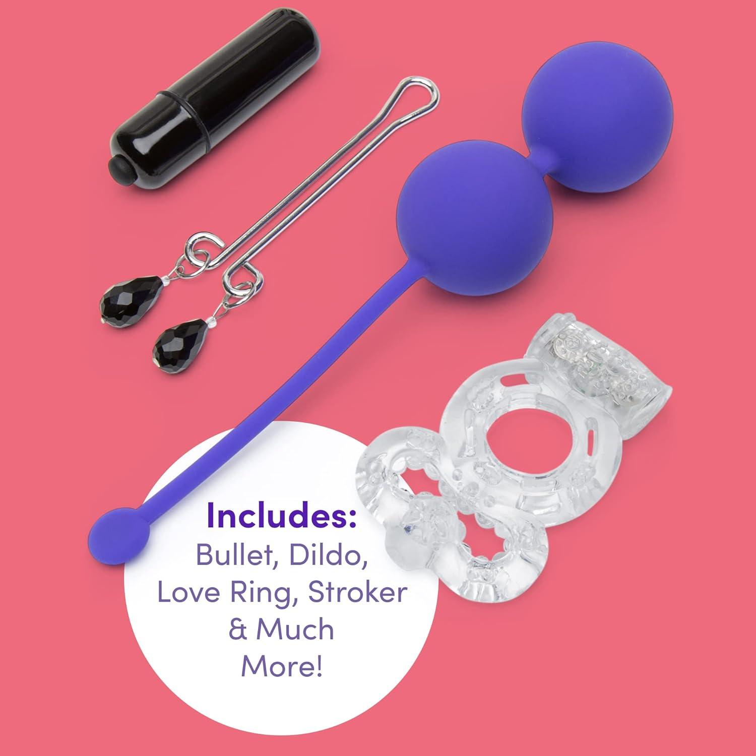 imageLovehoney All You Need Bondage Kit 20 Piece Bondage Set Includes Blindfold Flogger Nipple Clamps Vibrators Anal Beads Cock Ring and Much More Sex Toys for Couples BlackPurple