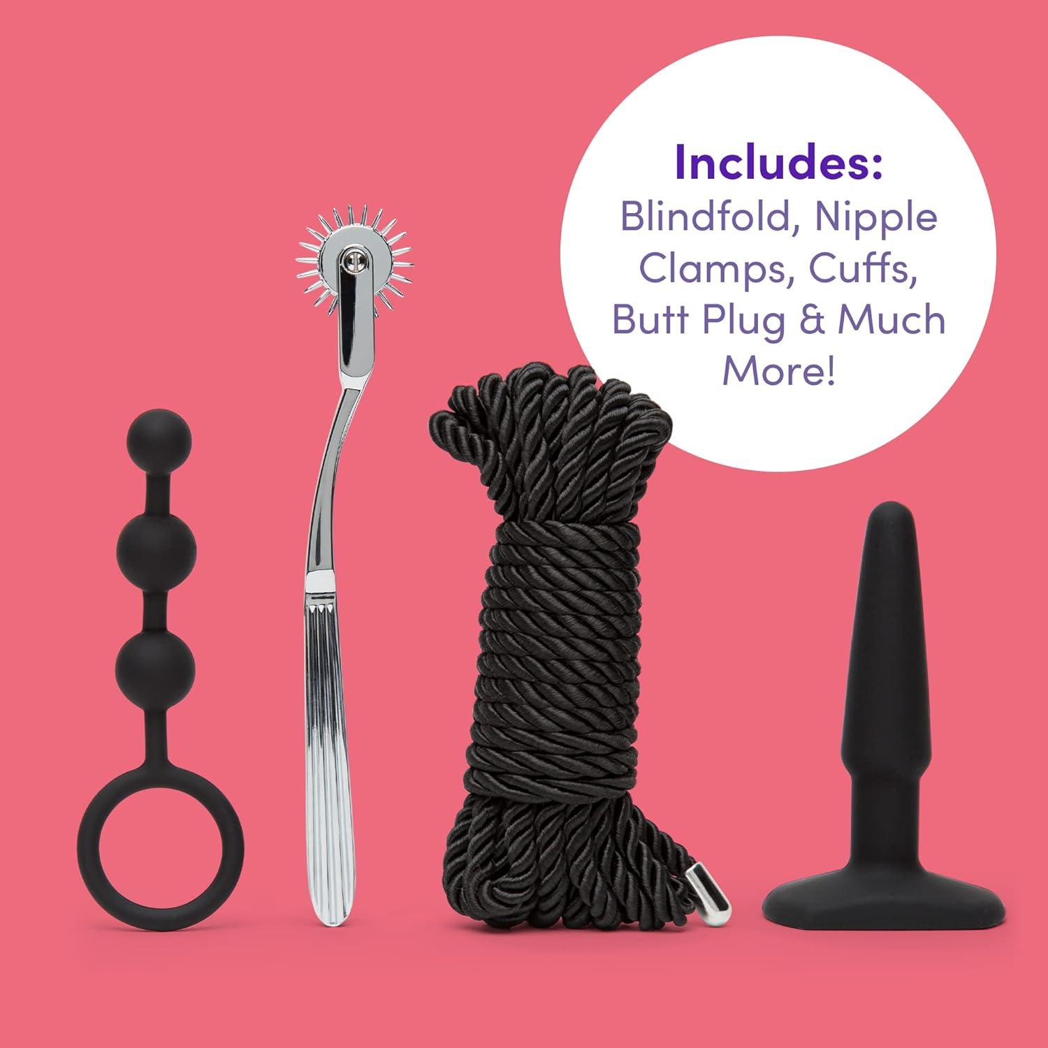 imageLovehoney All You Need Bondage Kit 20 Piece Bondage Set Includes Blindfold Flogger Nipple Clamps Vibrators Anal Beads Cock Ring and Much More Sex Toys for Couples BlackPurple
