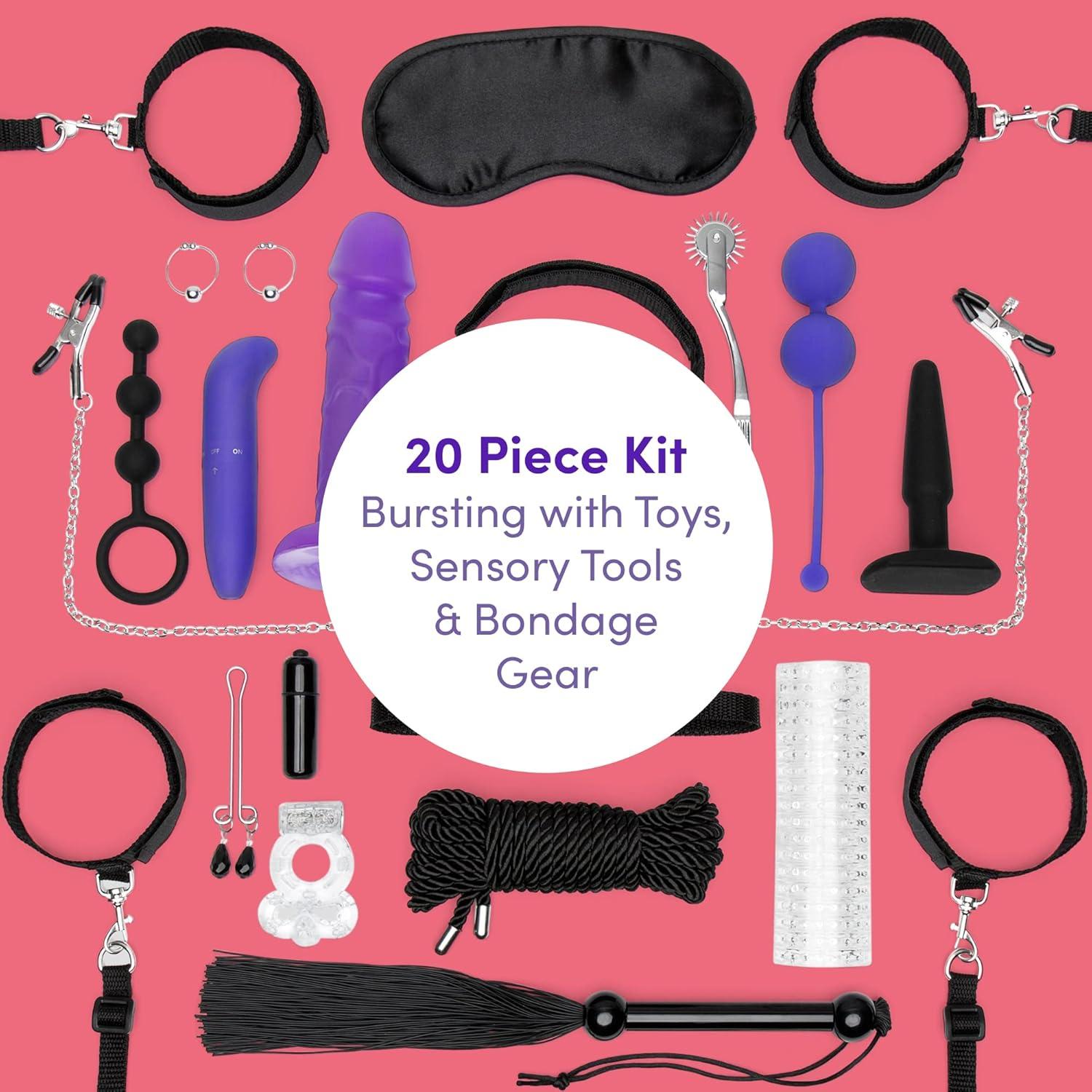 imageLovehoney All You Need Bondage Kit 20 Piece Bondage Set Includes Blindfold Flogger Nipple Clamps Vibrators Anal Beads Cock Ring and Much More Sex Toys for Couples BlackPurple