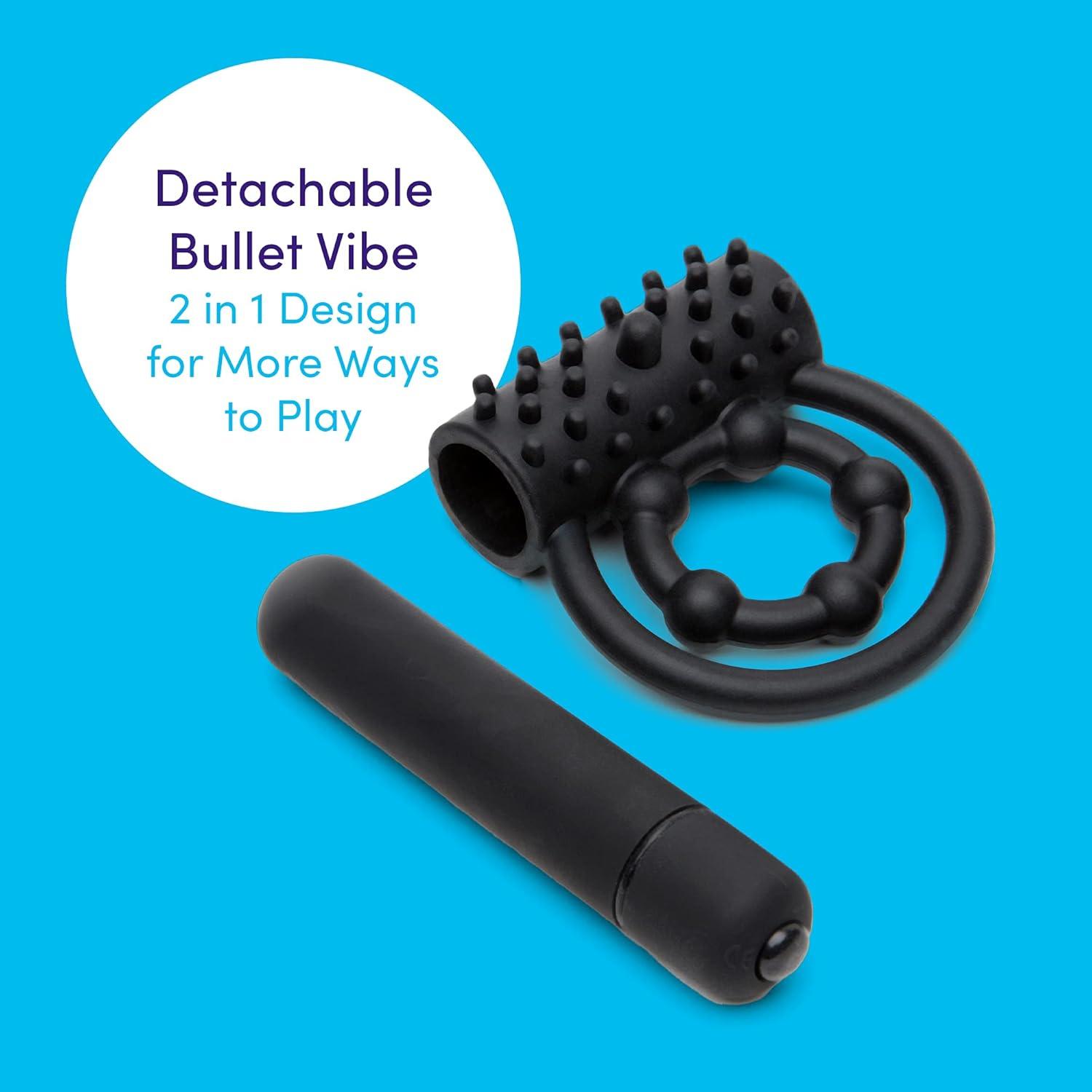 imageLovehoney Bionic Bullet Vibrating Cock Ring Textured Silicone Double Penis Ring 5 Function Bullet Vibrator Waterproof Black