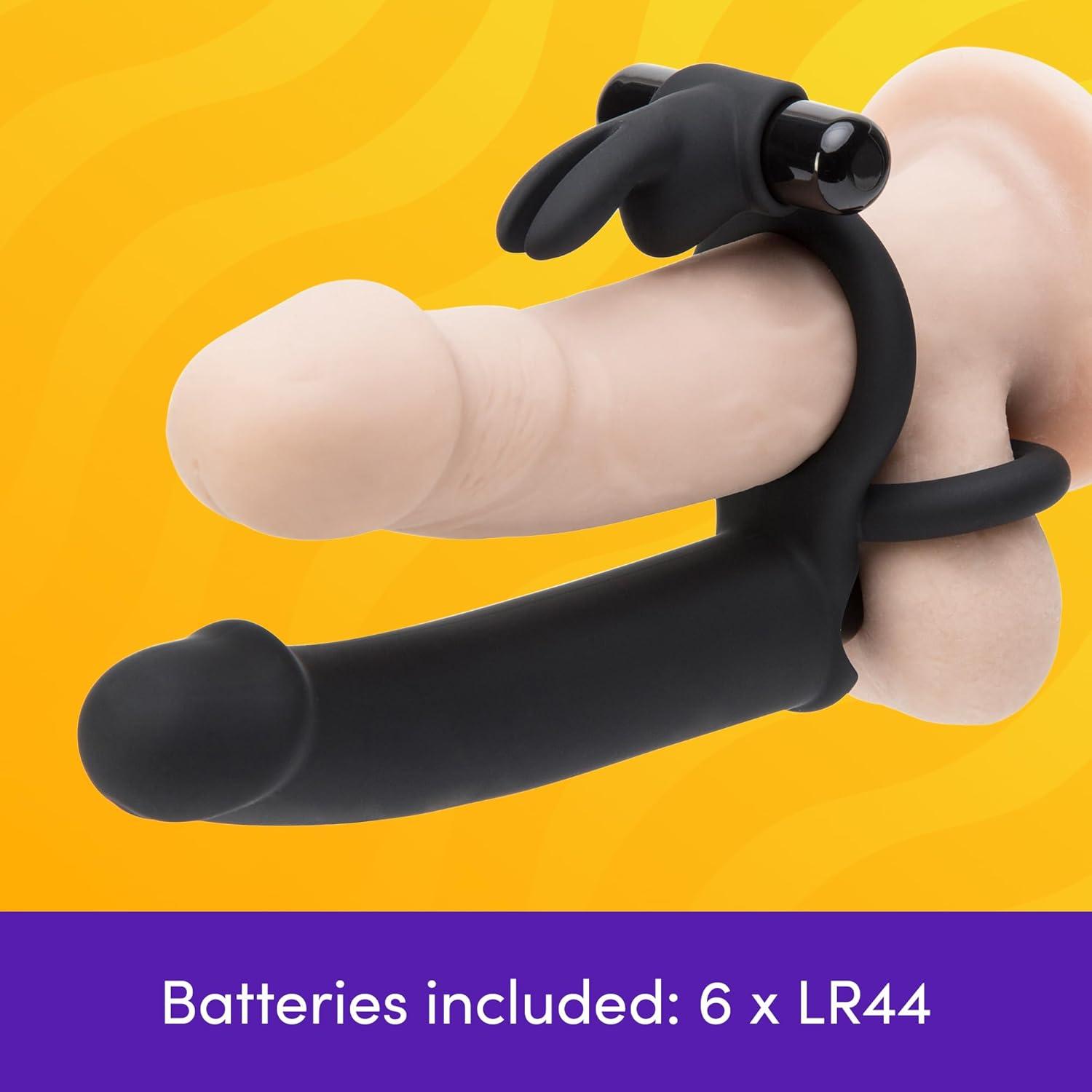 imageLovehoney Double Fun Vibrating Rabbit Double Penetration Strap On Dildo 6 Inch Realistic Silicone Dildo with 2 Bullet Vibrators Waterproof Black