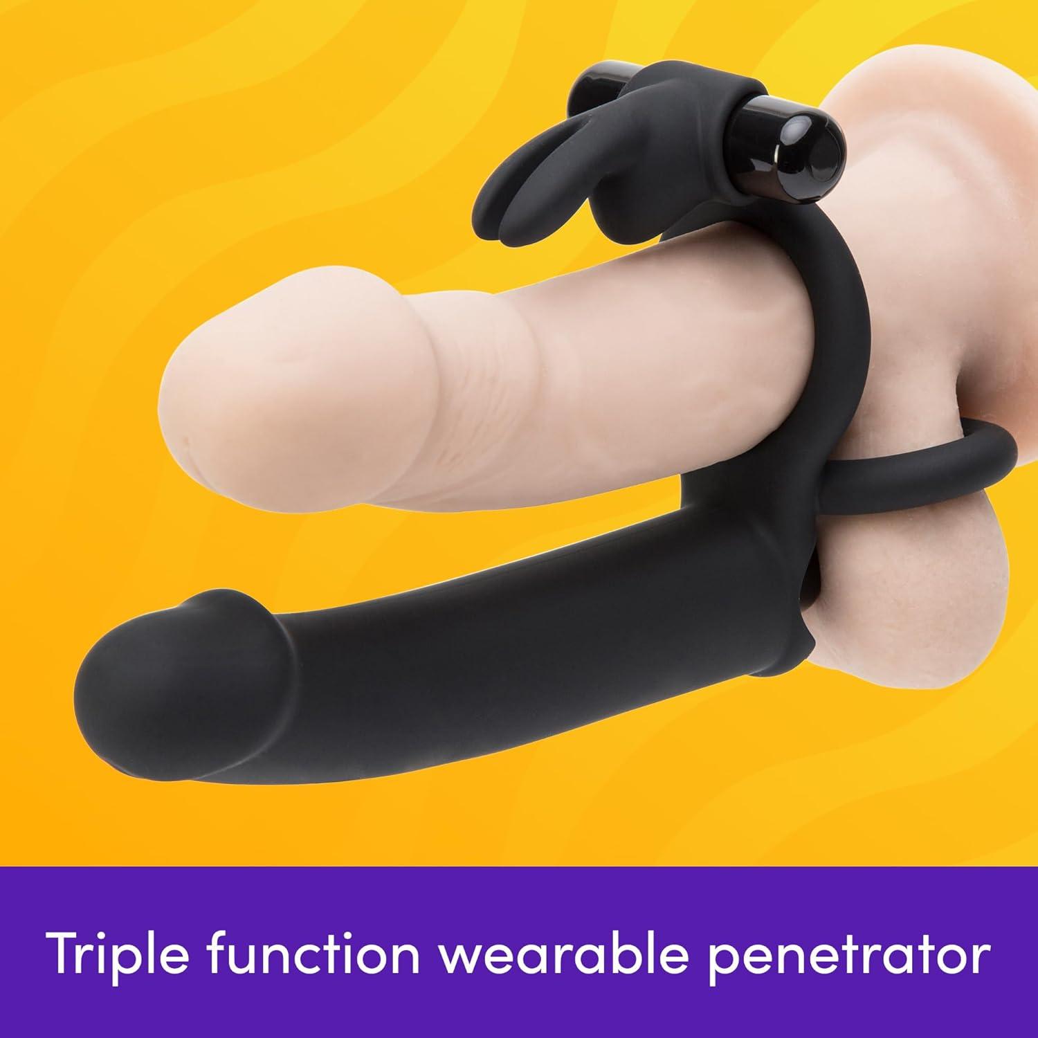 imageLovehoney Double Fun Vibrating Rabbit Double Penetration Strap On Dildo 6 Inch Realistic Silicone Dildo with 2 Bullet Vibrators Waterproof Black