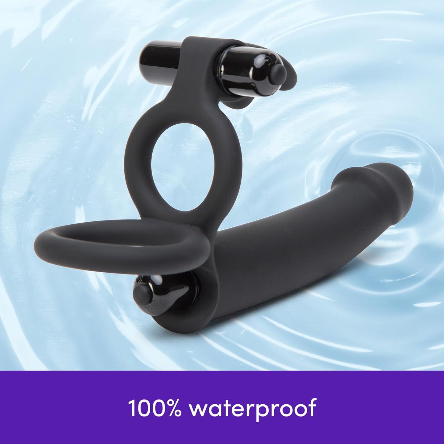 imageLovehoney Double Fun Vibrating Rabbit Double Penetration Strap On Dildo 6 Inch Realistic Silicone Dildo with 2 Bullet Vibrators Waterproof Black