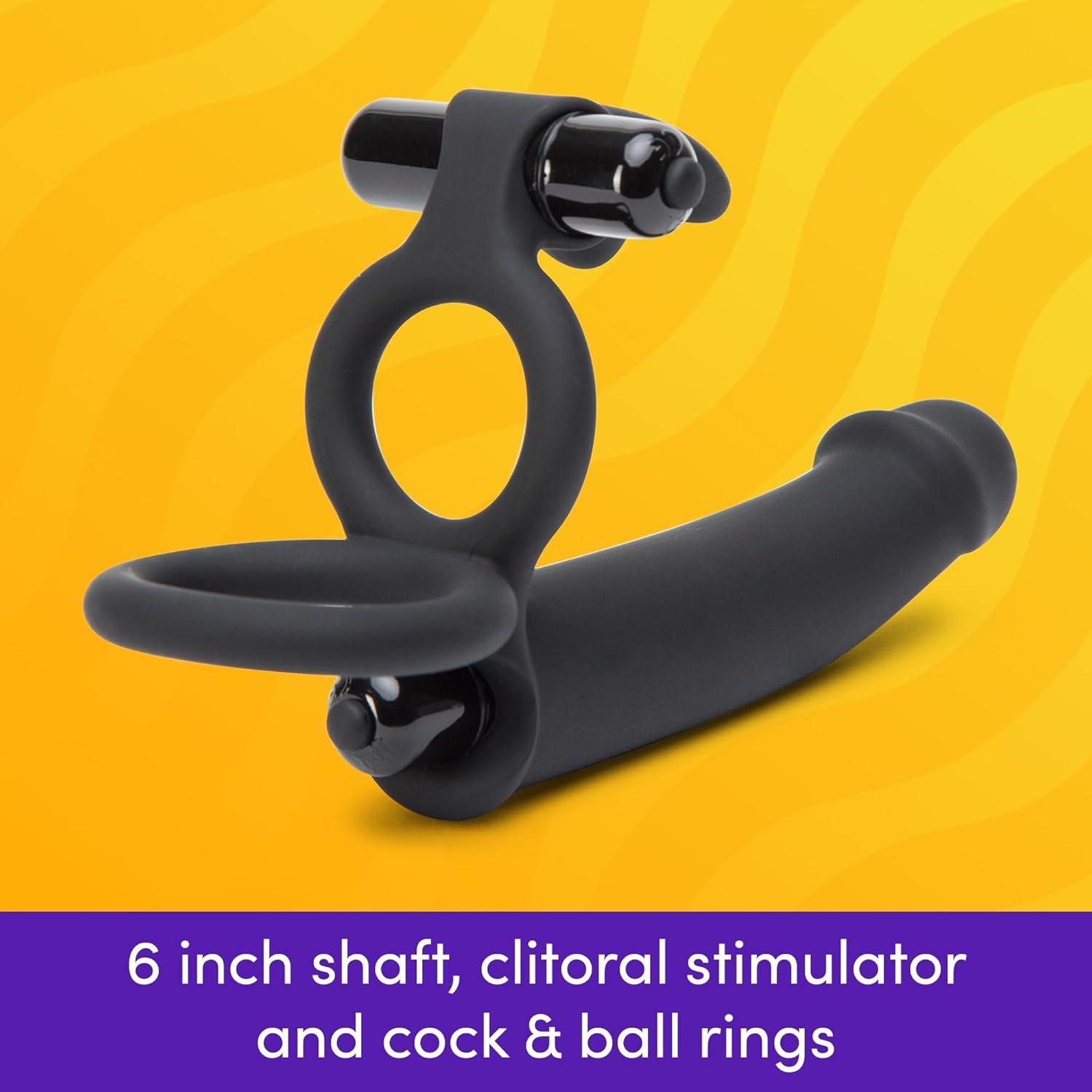 imageLovehoney Double Fun Vibrating Rabbit Double Penetration Strap On Dildo 6 Inch Realistic Silicone Dildo with 2 Bullet Vibrators Waterproof Black