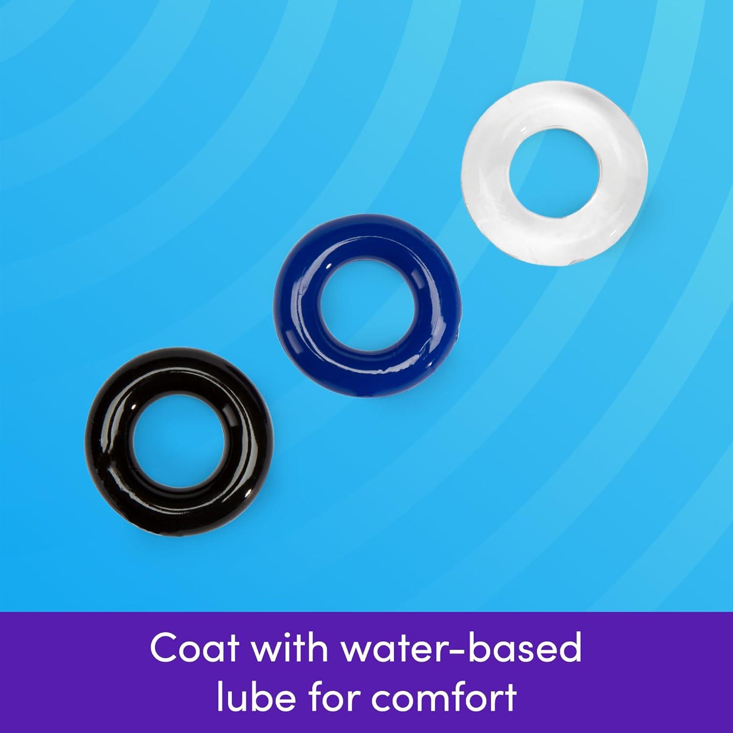 imageLovehoney Doughnut Cock Ring Multipack Stretchy Penis Ring Waterproof 3 Pack Blue Black amp Clear