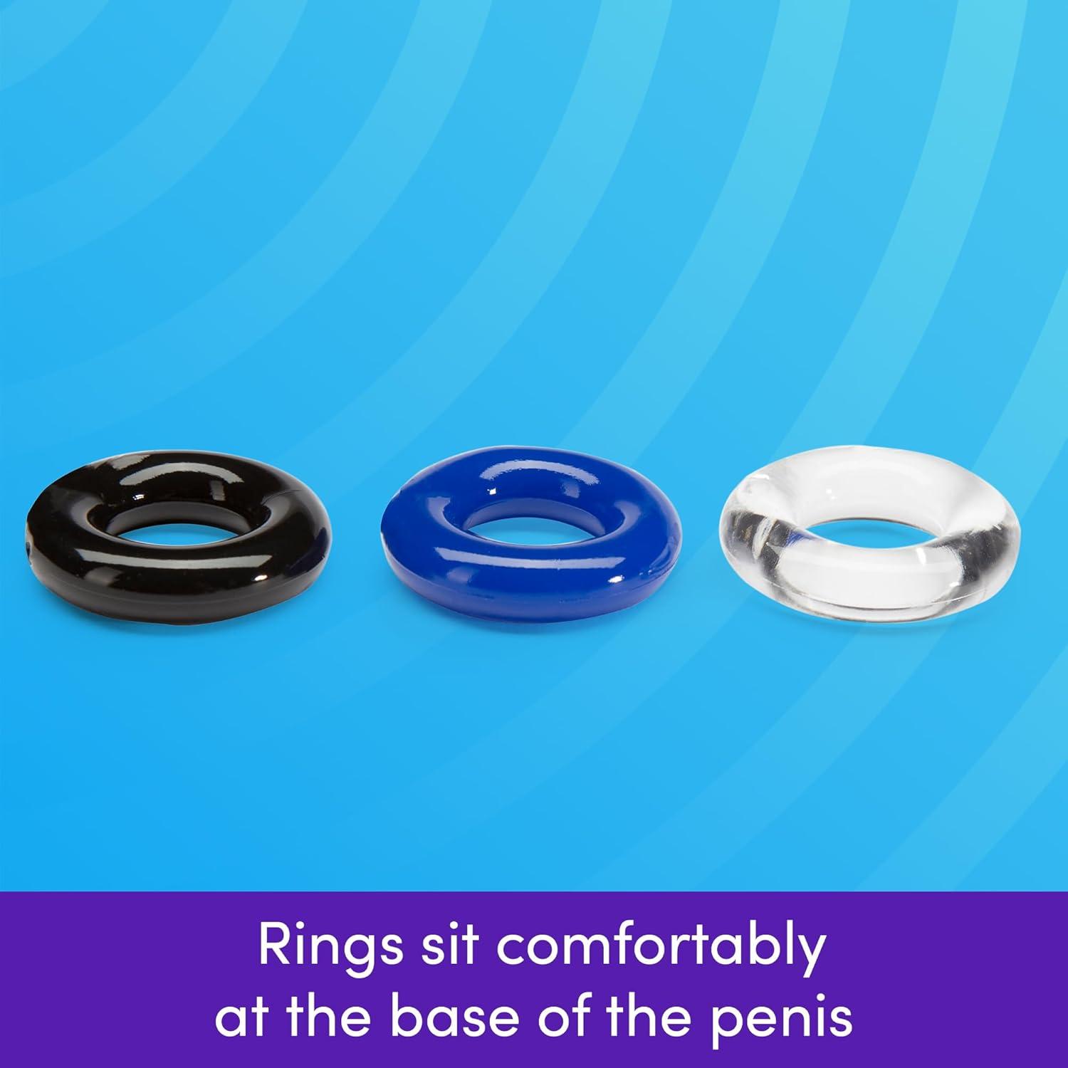 imageLovehoney Doughnut Cock Ring Multipack Stretchy Penis Ring Waterproof 3 Pack Blue Black amp Clear